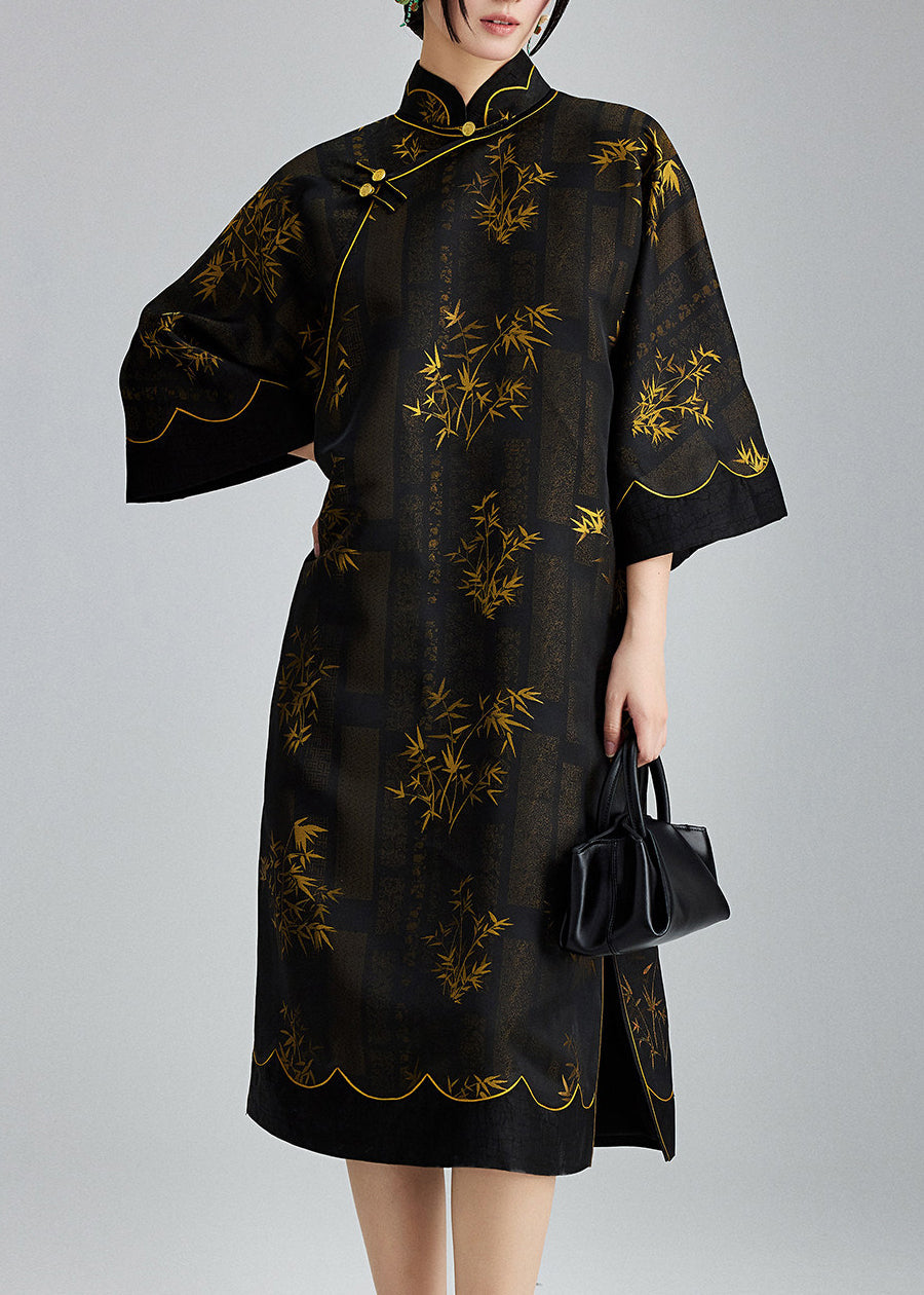 Vintage Black Mandarin Collar Print Silk Dresses Summer