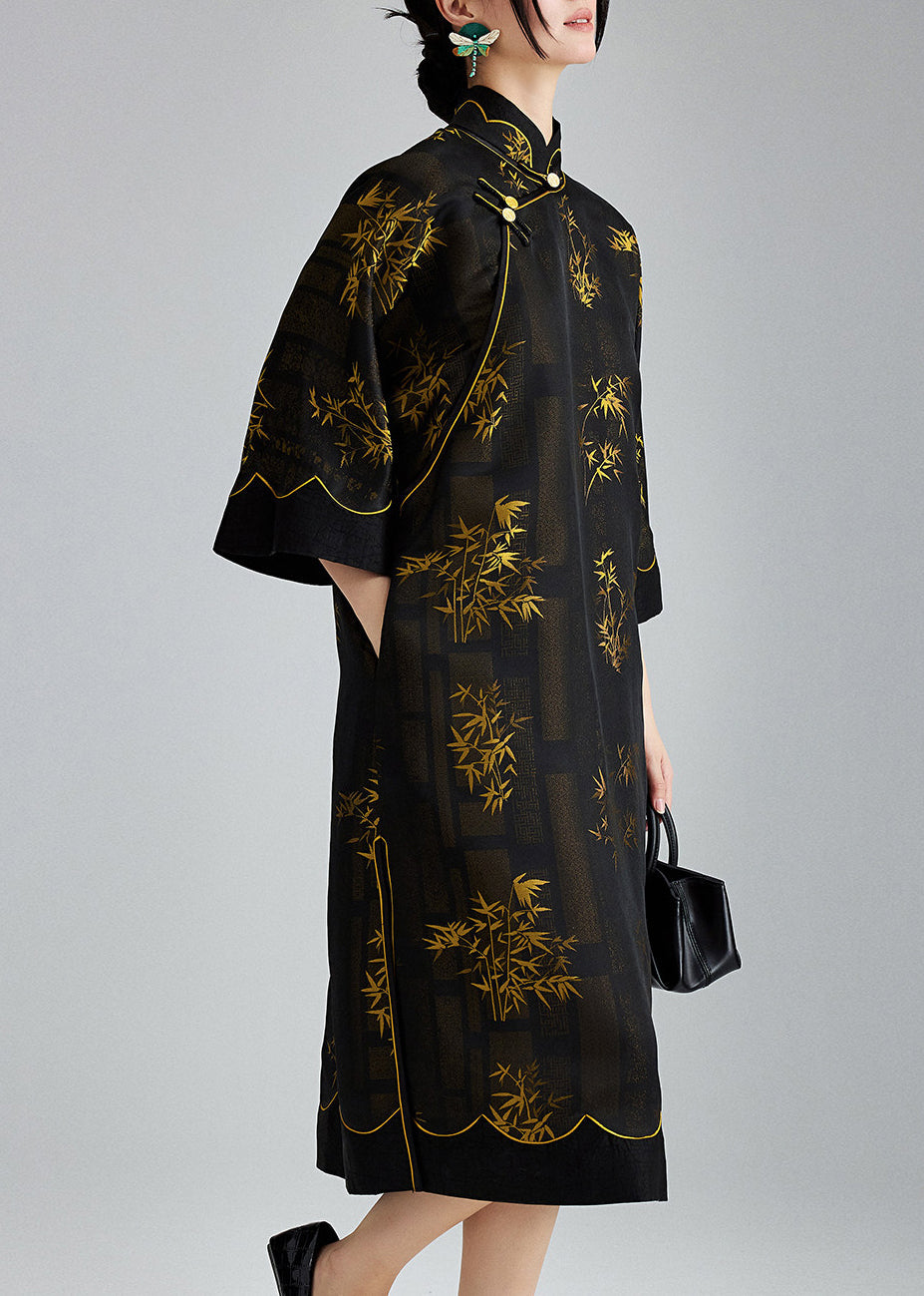 Vintage Black Mandarin Collar Print Silk Dresses Summer