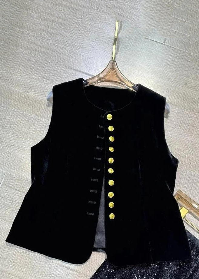 Vintage Black O-Neck Button Silk Velour Waistcoat Sleeveless