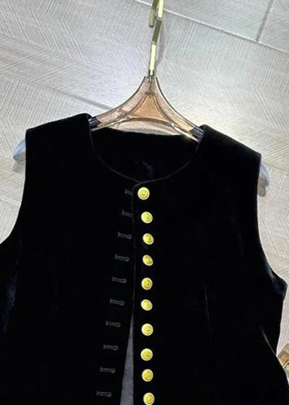 Vintage Black O-Neck Button Silk Velour Waistcoat Sleeveless