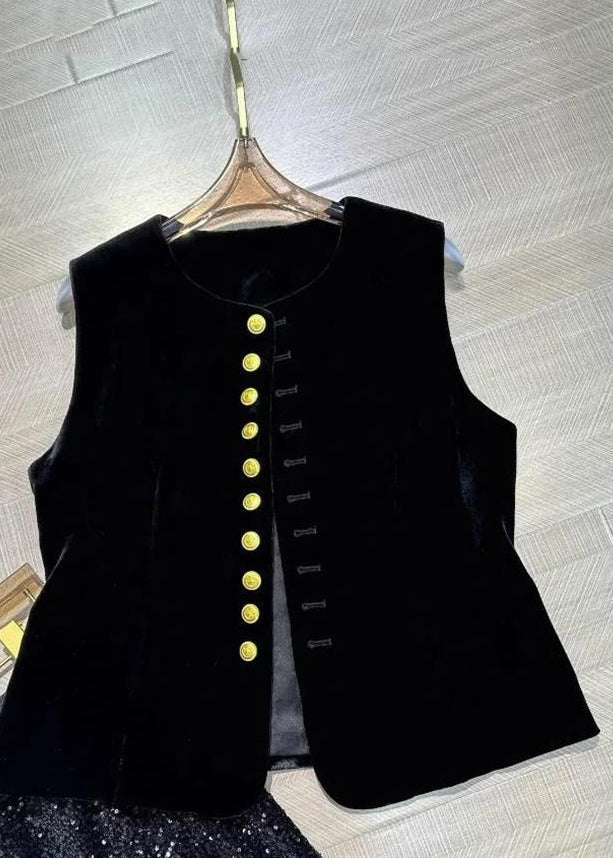 Vintage Black O-Neck Button Silk Velour Waistcoat Sleeveless