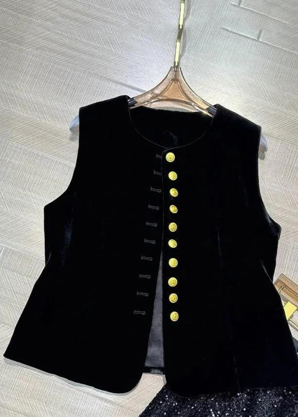 Vintage Black O-Neck Button Silk Velour Waistcoat Sleeveless