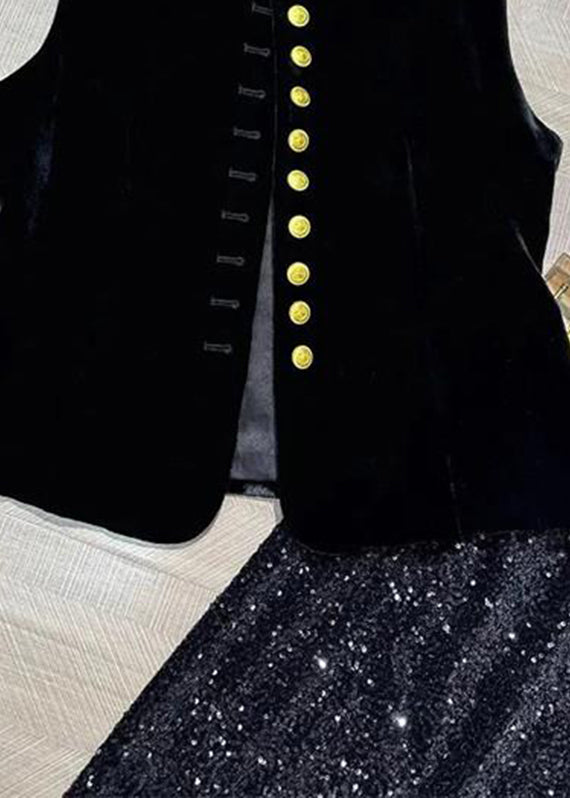 Vintage Black O-Neck Button Silk Velour Waistcoat Sleeveless