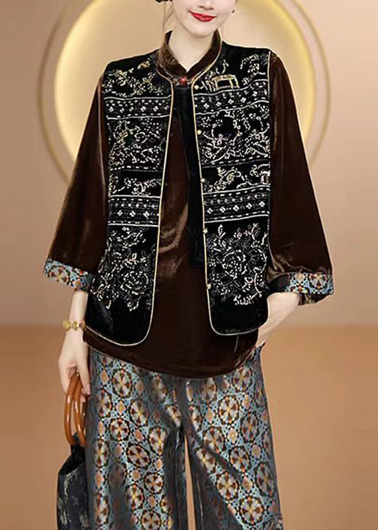 Vintage Black O Neck Embroideried Silk Vest Top Sleeveless