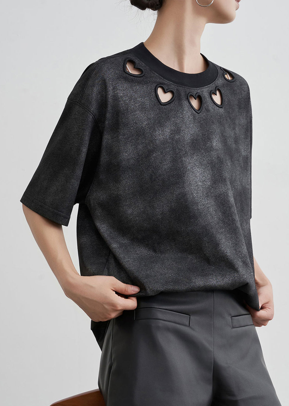 Vintage Black O Neck Hollow Out Cotton T Shirt Summer