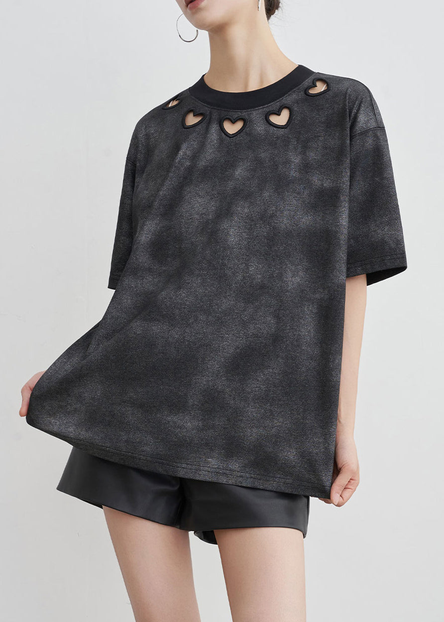 Vintage Black O Neck Hollow Out Cotton T Shirt Summer