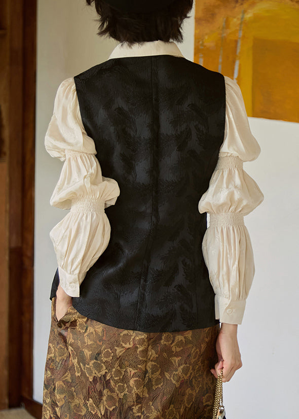 Vintage Black O Neck Jacquard Button Silk Vest Sleeveless