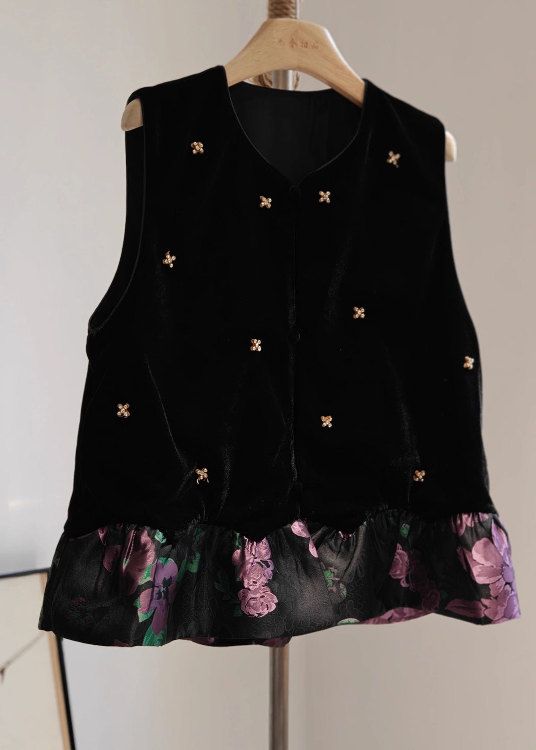 Vintage Black O-Neck Patchwork Silk Velour Waistcoat Sleeveless