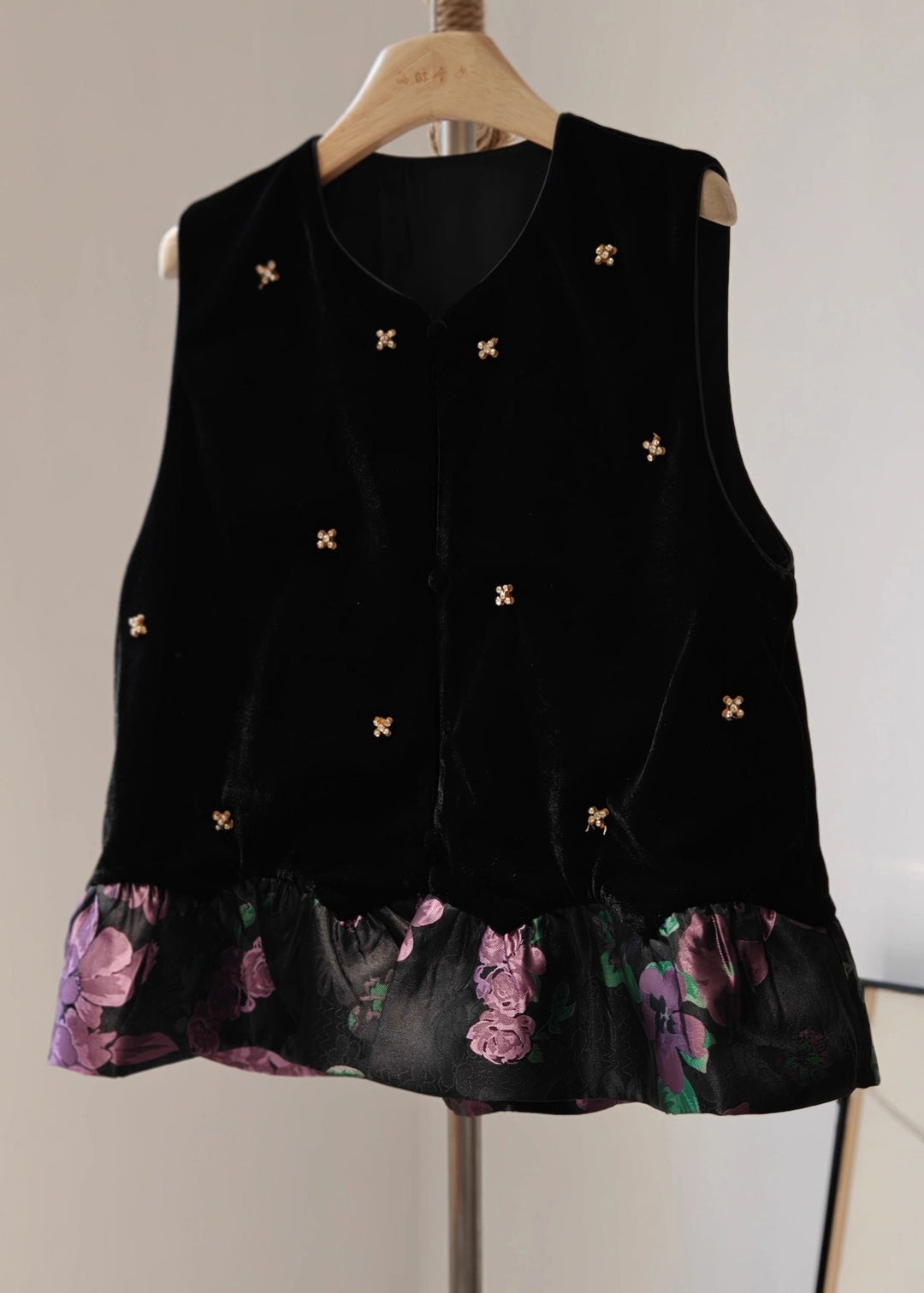 Vintage Black O-Neck Patchwork Silk Velour Waistcoat Sleeveless