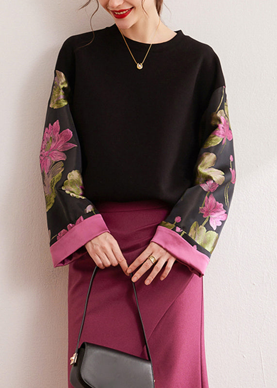 Vintage Black O-Neck Print Silk Cotton Pullover Fall