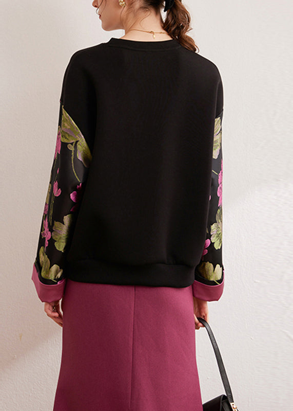 Vintage Black O-Neck Print Silk Cotton Pullover Fall