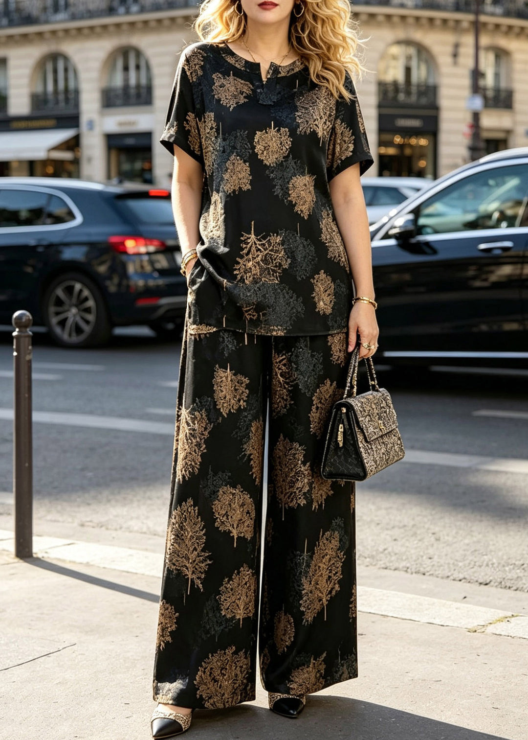 Vintage Black O-Neck Print T Shirts And Wide Leg Pants Silk Two Piece Set Summer