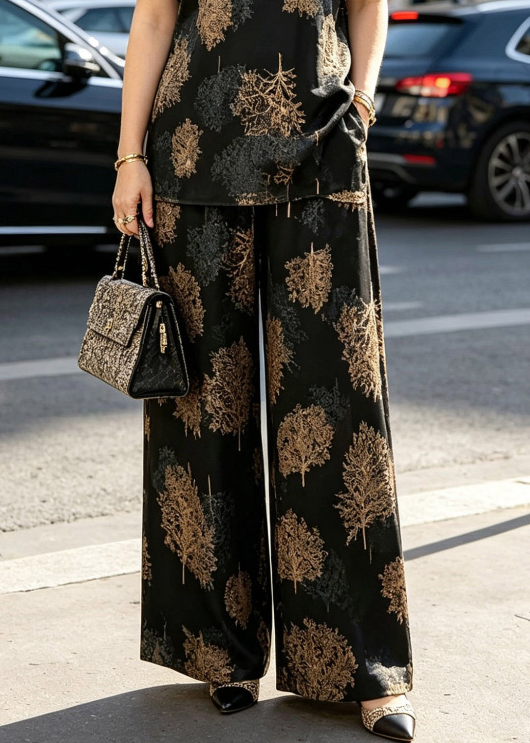 Vintage Black O-Neck Print T Shirts And Wide Leg Pants Silk Two Piece Set Summer