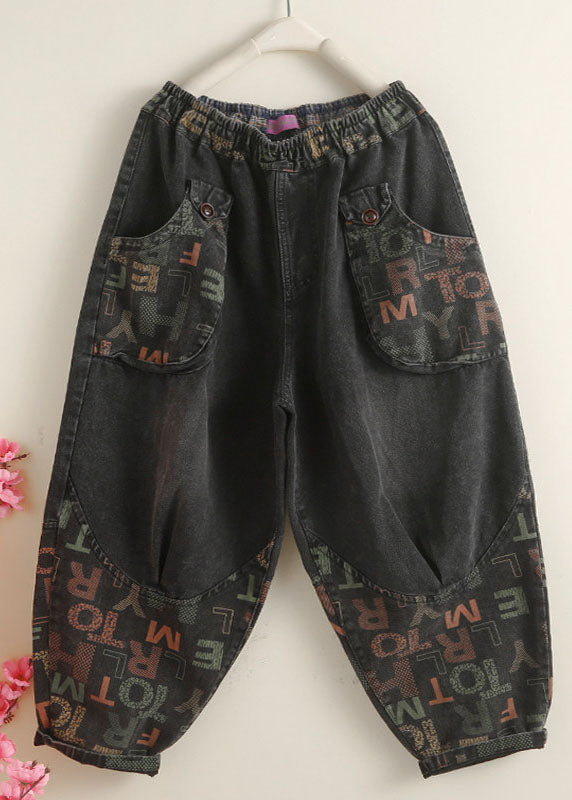 Vintage Black Pockets Graphic Print Denim Harem Pants Spring