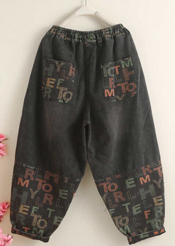 Vintage Black Pockets Graphic Print Denim Harem Pants Spring