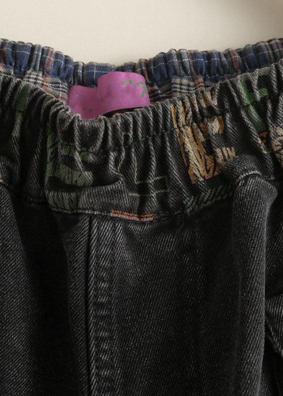Vintage Black Pockets Graphic Print Denim Harem Pants Spring