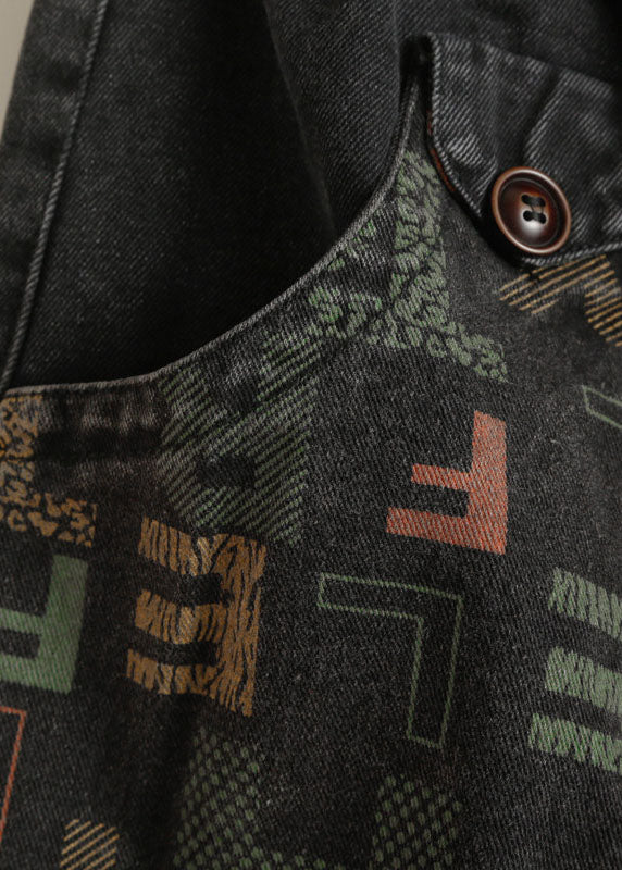 Vintage Black Pockets Graphic Print Denim Harem Pants Spring