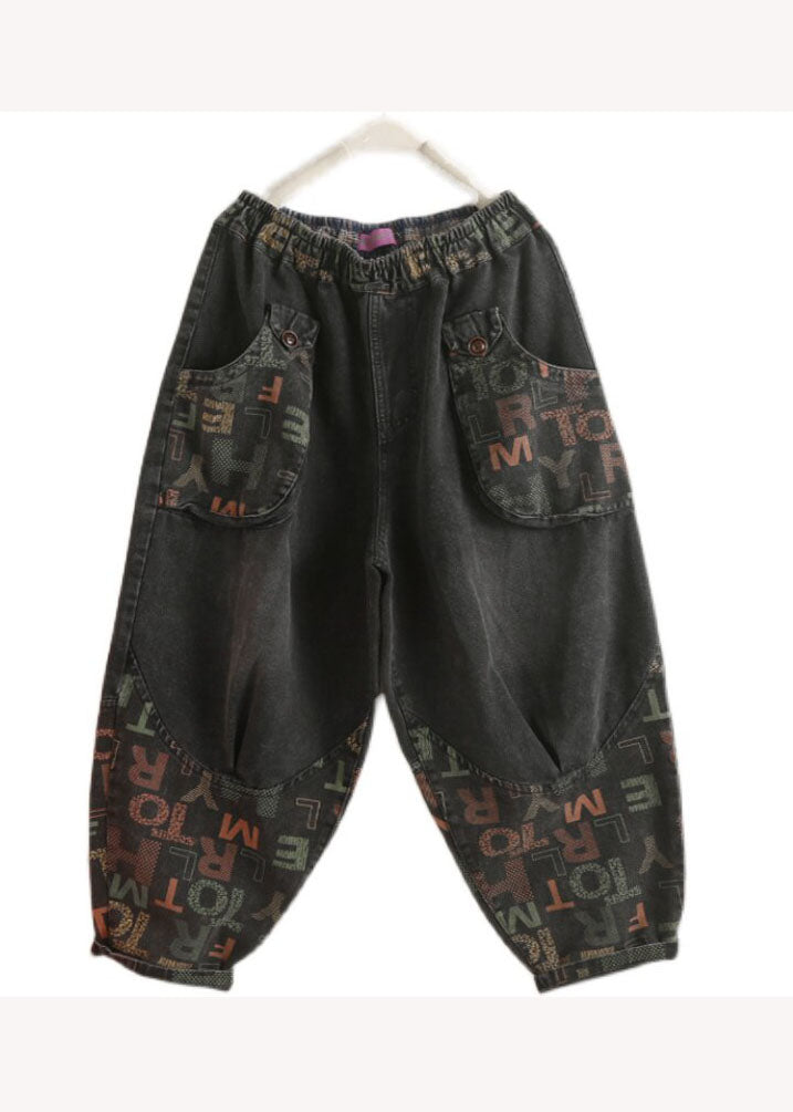Vintage Black Pockets Graphic Print Denim Harem Pants Spring