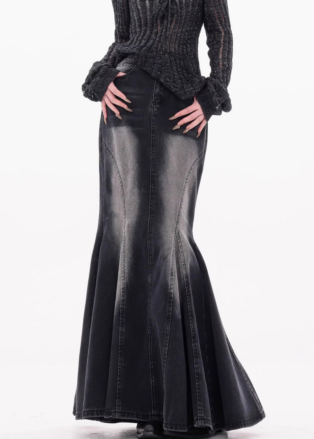 Vintage Black Pockets High Waist Denim Maxi Skirts Fall