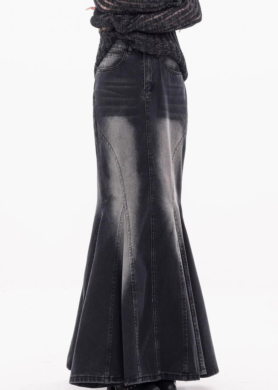 Vintage Black Pockets High Waist Denim Maxi Skirts Fall