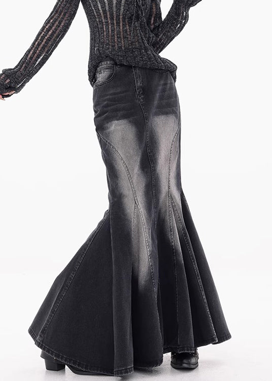 Vintage Black Pockets High Waist Denim Maxi Skirts Fall