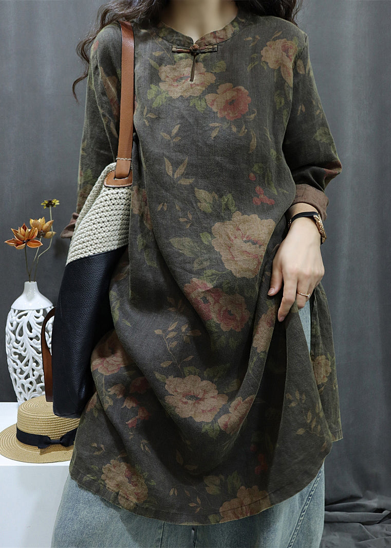 Vintage Black Print Button Linen Shirts Dress Bracelet Sleeve