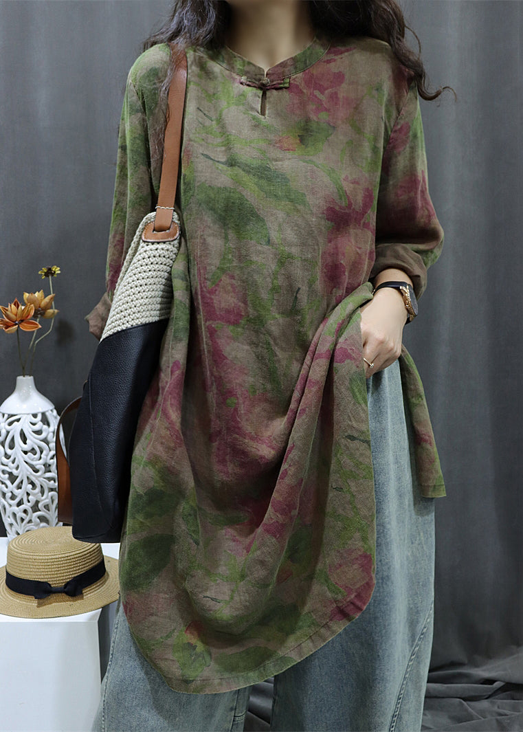 Vintage Black Print Button Linen Shirts Dress Bracelet Sleeve