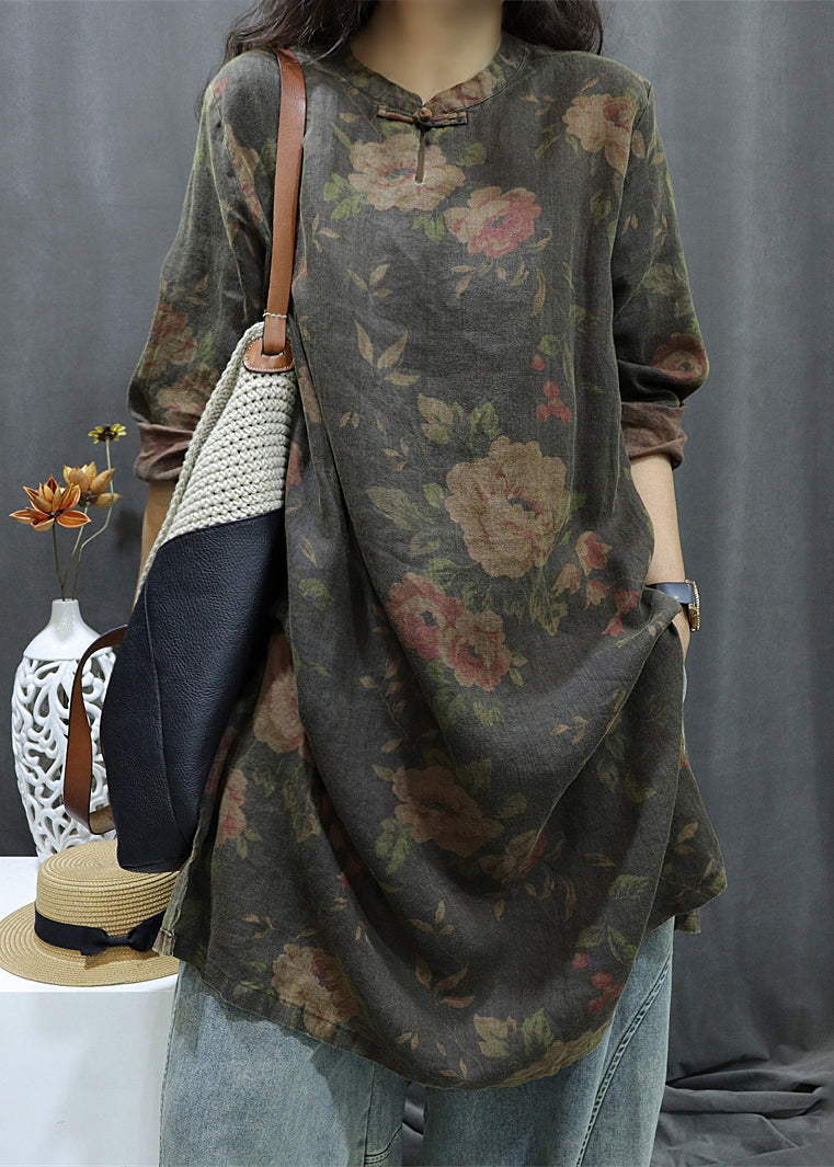 Vintage Black Print Button Linen Shirts Dress Bracelet Sleeve