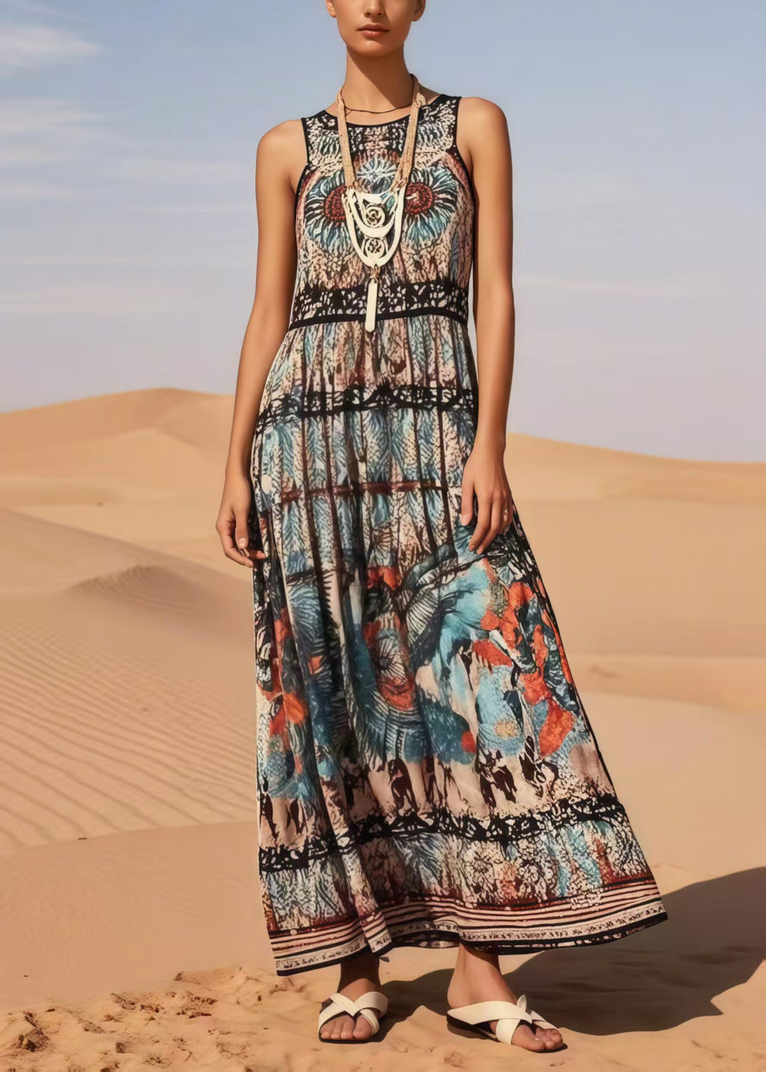 Vintage Black Print Cotton Long Dress Sleeveless