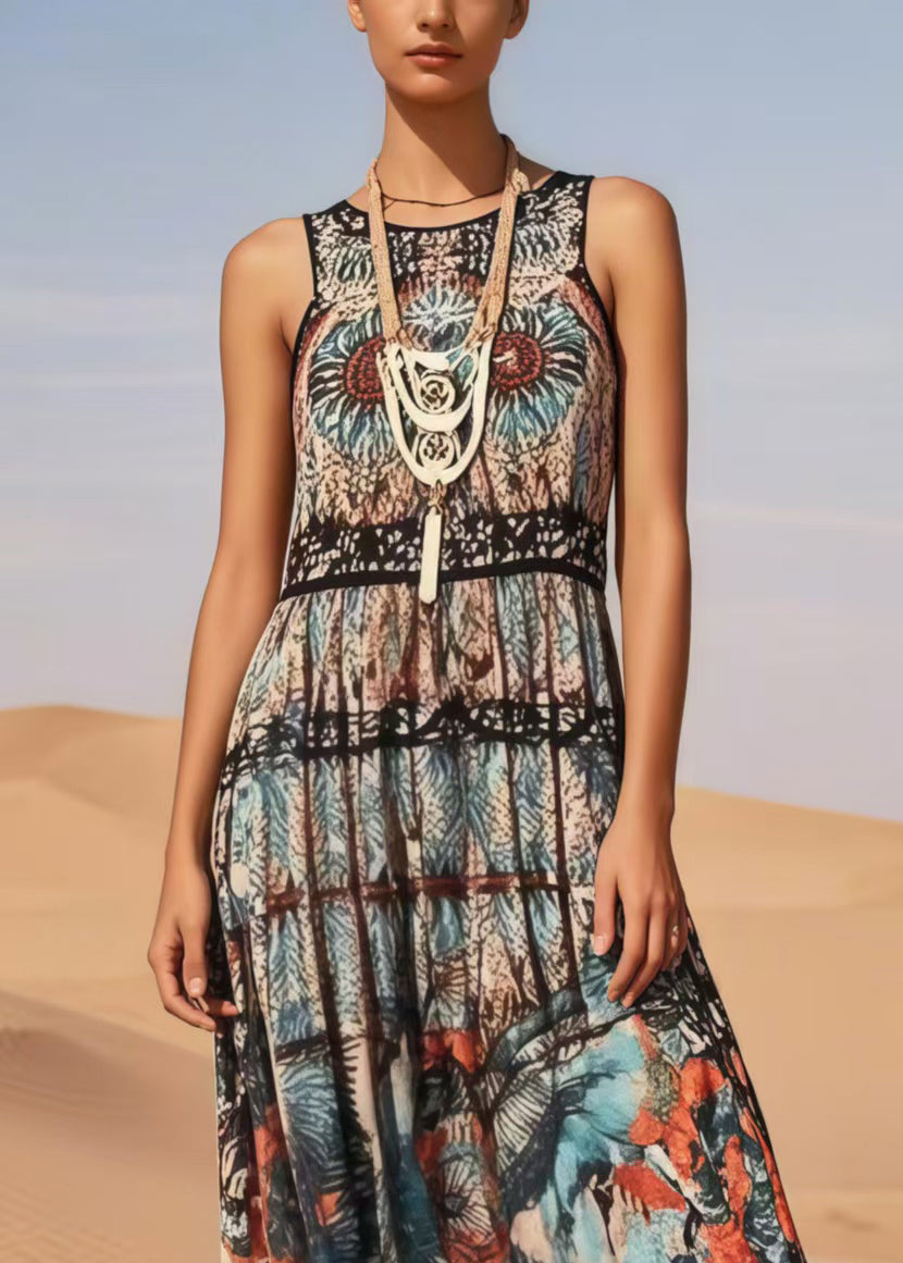 Vintage Black Print Cotton Long Dress Sleeveless
