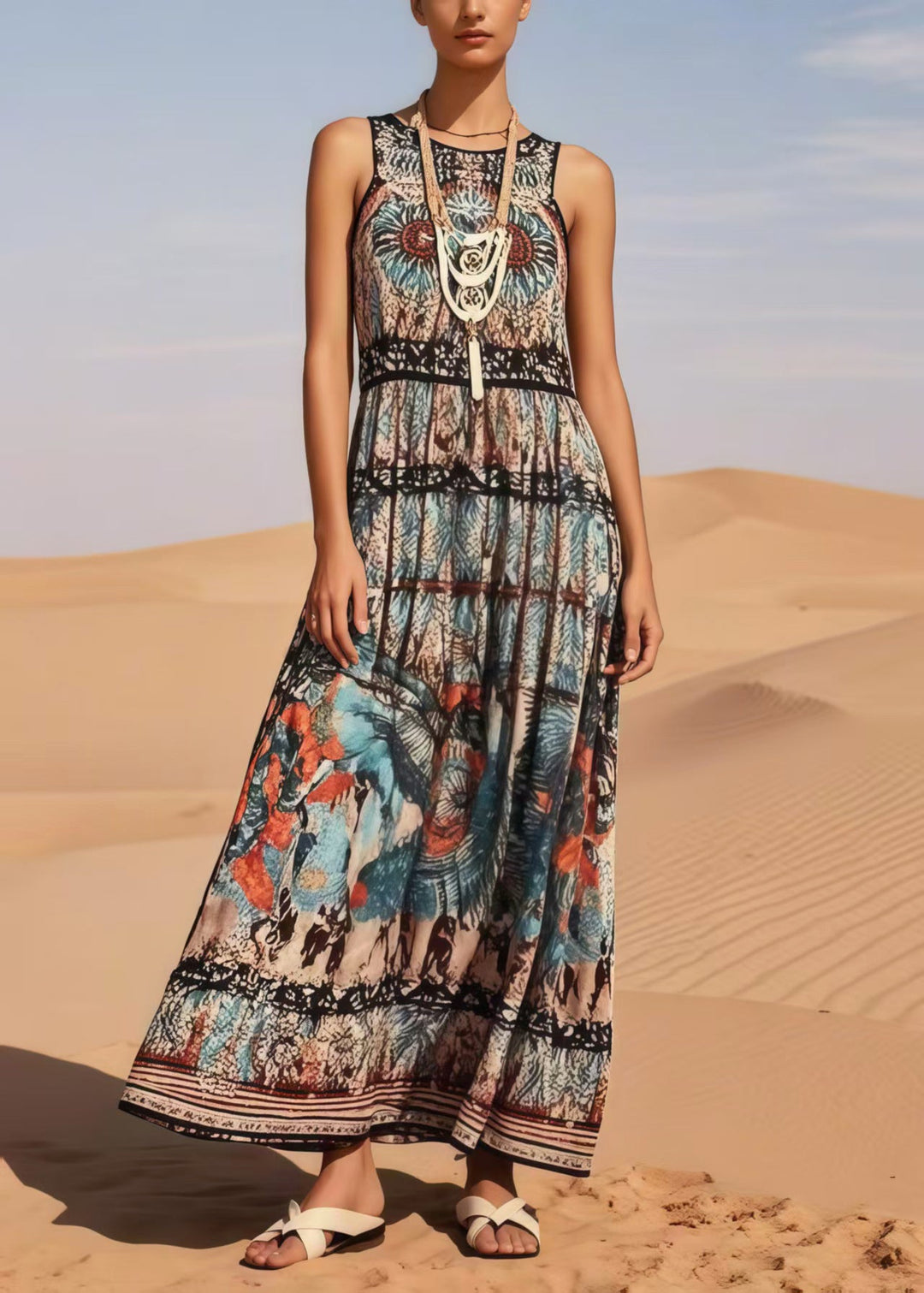 Vintage Black Print Cotton Long Dress Sleeveless