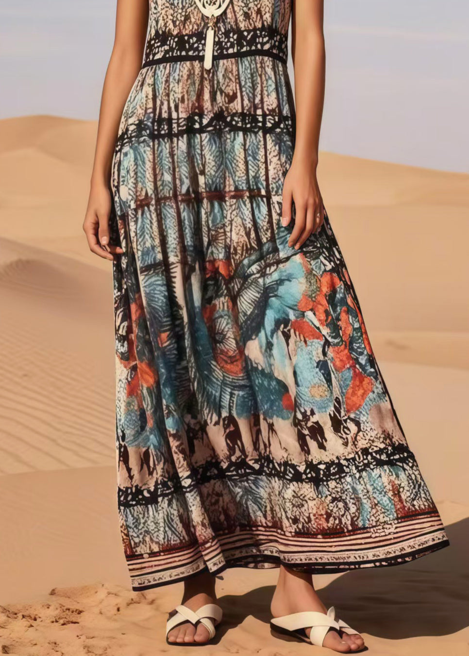 Vintage Black Print Cotton Long Dress Sleeveless
