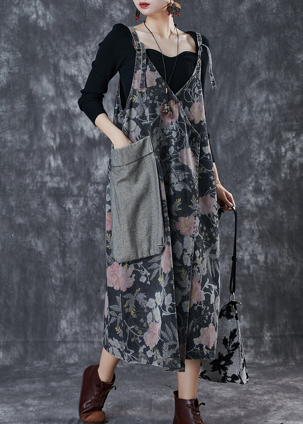 Vintage Black Print Patchwork Pocket Denim Cami Dress Spring