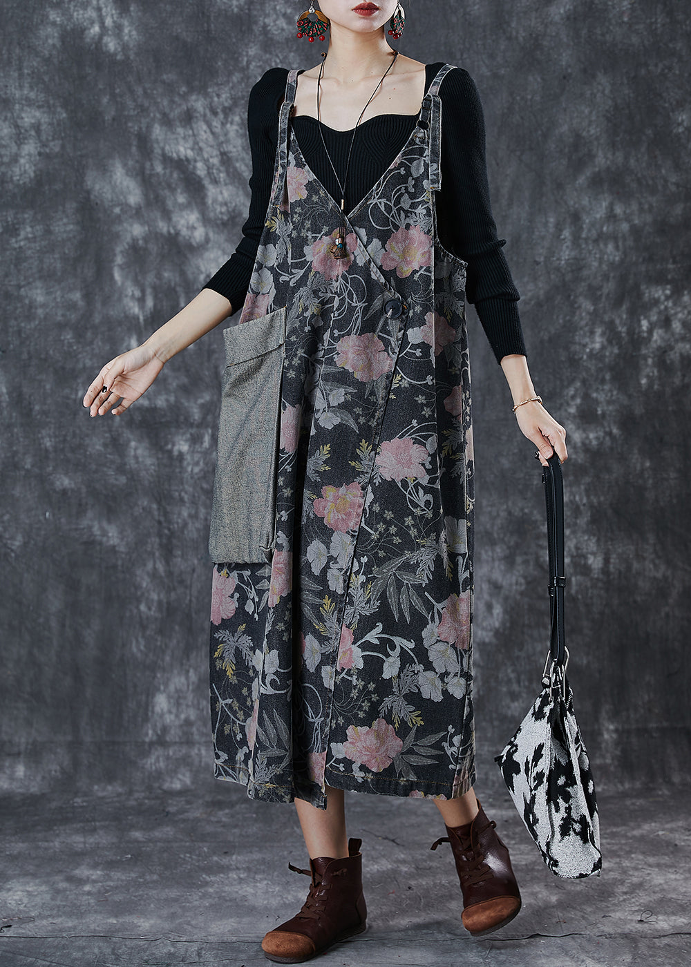 Vintage Black Print Patchwork Pocket Denim Cami Dress Spring