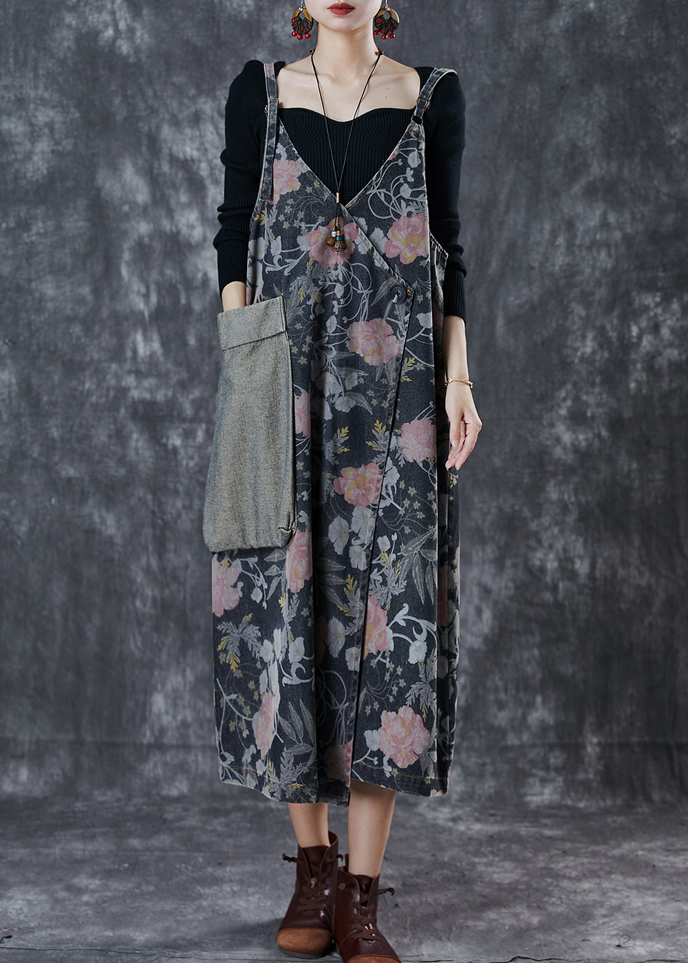 Vintage Black Print Patchwork Pocket Denim Cami Dress Spring