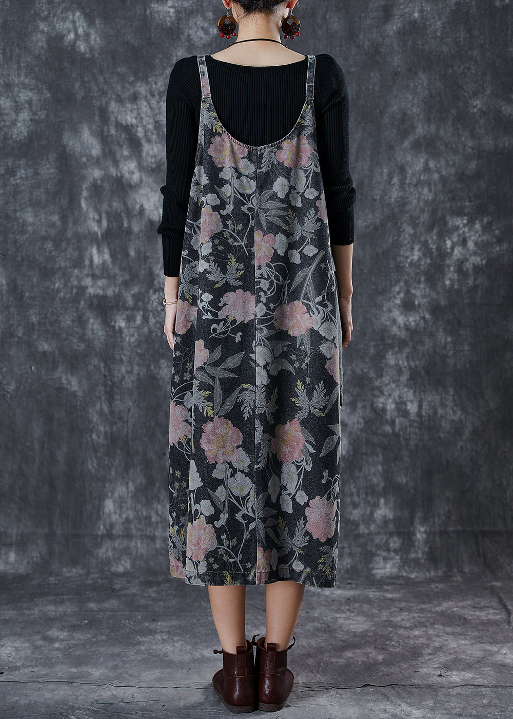 Vintage Black Print Patchwork Pocket Denim Cami Dress Spring