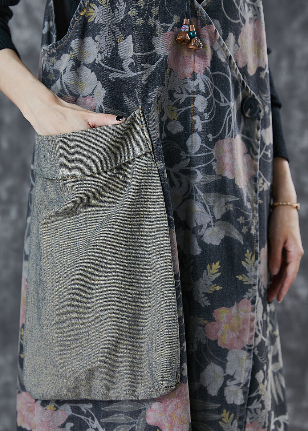 Vintage Black Print Patchwork Pocket Denim Cami Dress Spring