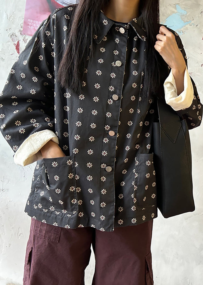 Vintage Black Print Pockets Cotton Coat Outwear Fall