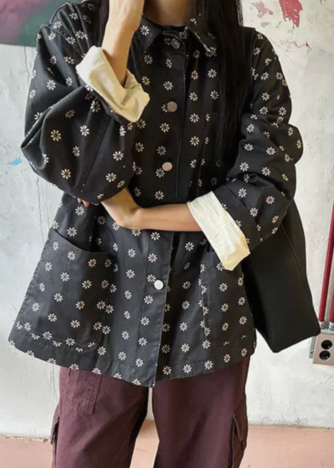 Vintage Black Print Pockets Cotton Coat Outwear Fall