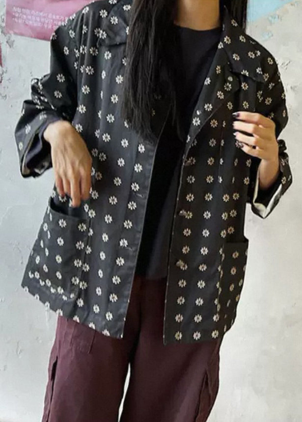 Vintage Black Print Pockets Cotton Coat Outwear Fall