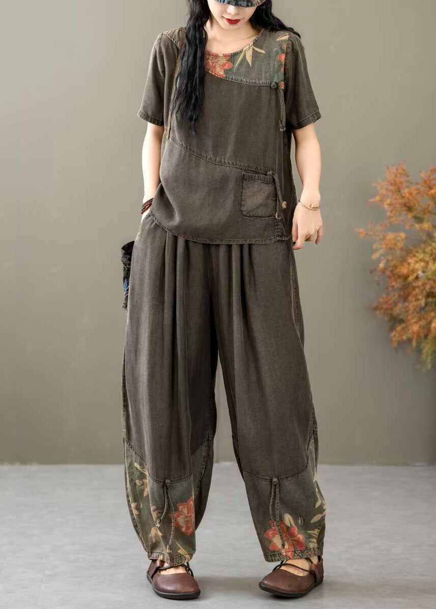 Vintage Black Print Tops And Crop Pants Denim Two Piece Suit Summer