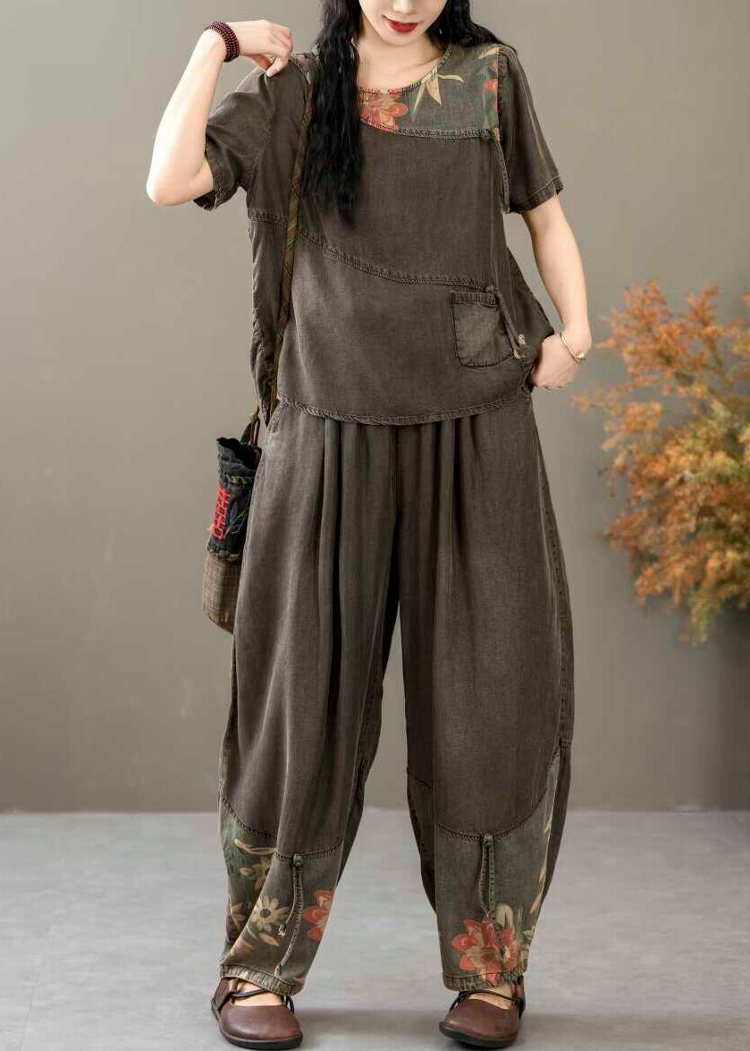 Vintage Black Print Tops And Crop Pants Denim Two Piece Suit Summer