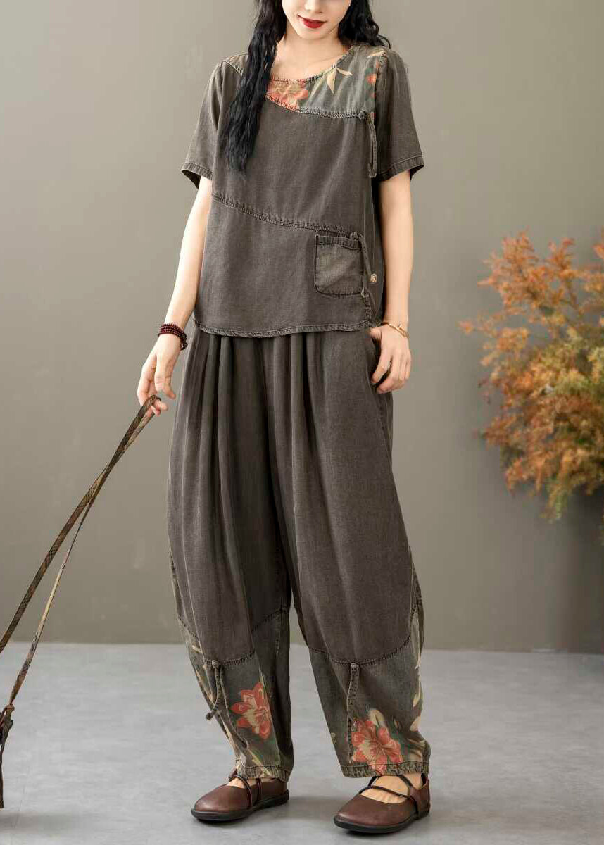 Vintage Black Print Tops And Crop Pants Denim Two Piece Suit Summer