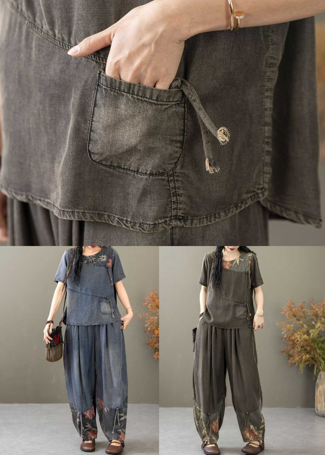 Vintage Black Print Tops And Crop Pants Denim Two Piece Suit Summer