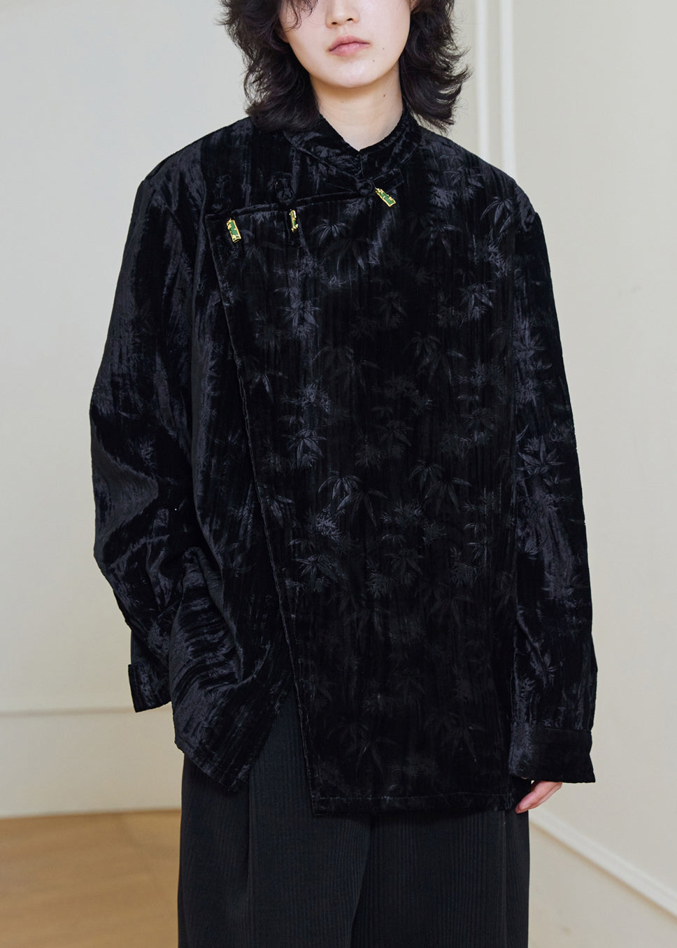 Vintage Black Stand Collar Button Silk Velour Shirts Fall