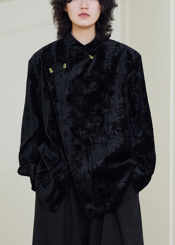 Vintage Black Stand Collar Button Silk Velour Shirts Fall