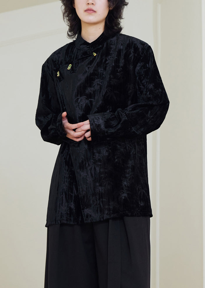 Vintage Black Stand Collar Button Silk Velour Shirts Fall
