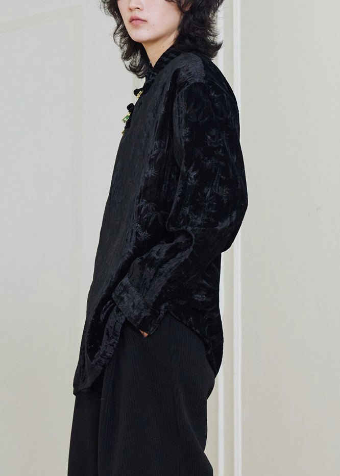 Vintage Black Stand Collar Button Silk Velour Shirts Fall