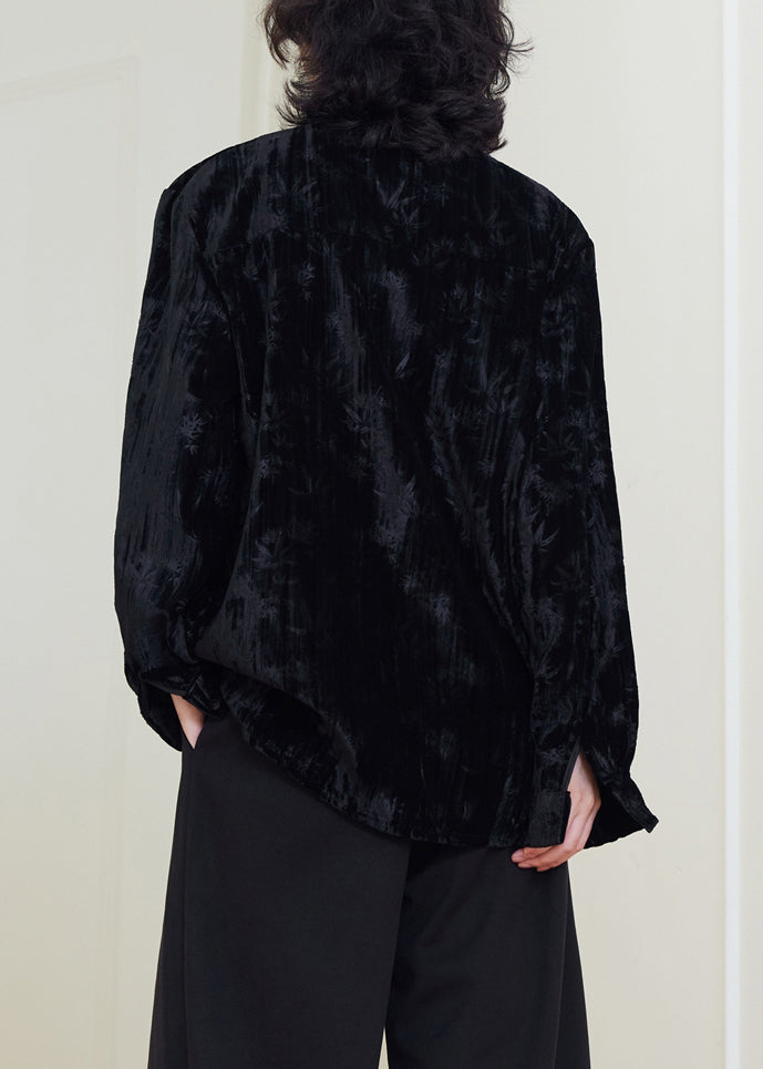 Vintage Black Stand Collar Button Silk Velour Shirts Fall