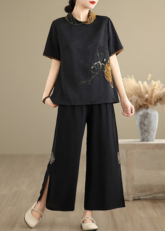 Vintage Black Stand Collar Embroidered Silk Shirt Top Summer